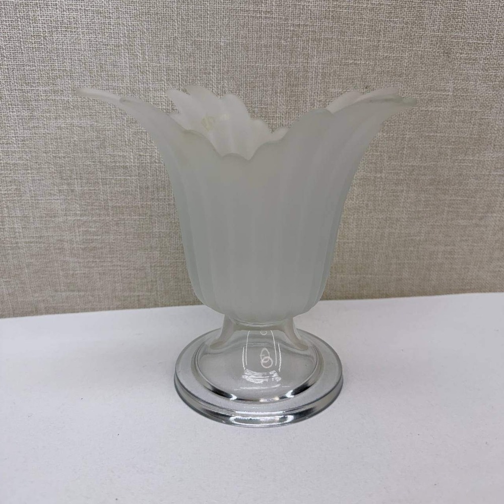 Vintage Frosted Glass Flared Petal Vase Footed Ribbed Satin Art Deco Style